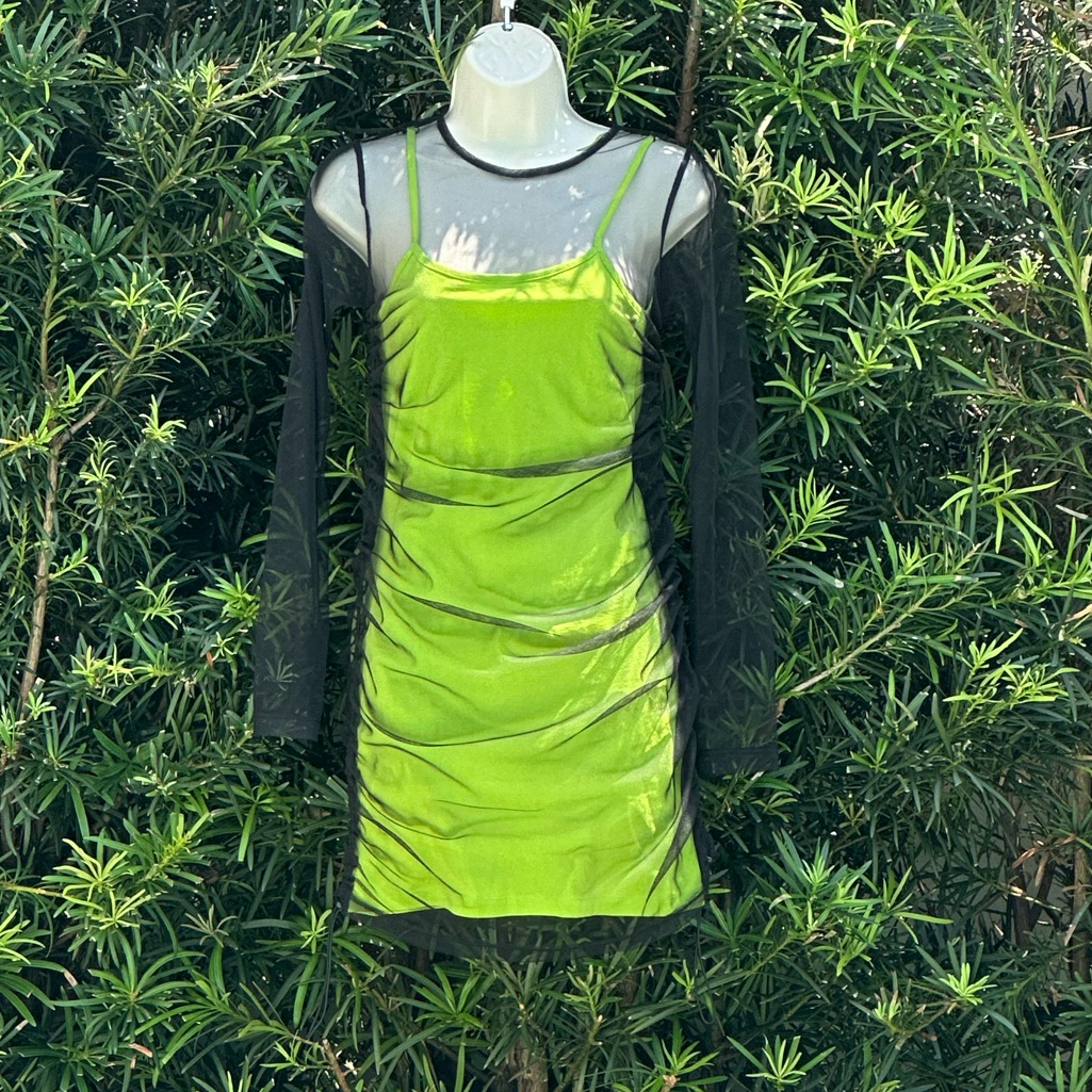 Nwot The Ragged Priest, Black Mesh Dress With Neon Green Slip Tank Dress, Small